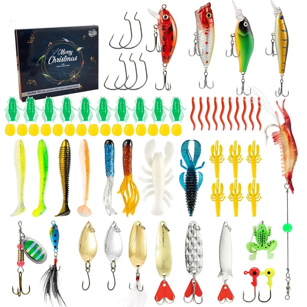 Metal Christmas mino bog themed 24-piece fishing tackle blind box set including lures and hooks.