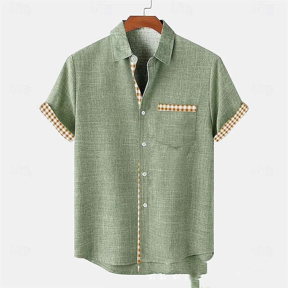 Linen short sleeve casual shirt with ocean fish pattern on lapel, loose fit for teenagers