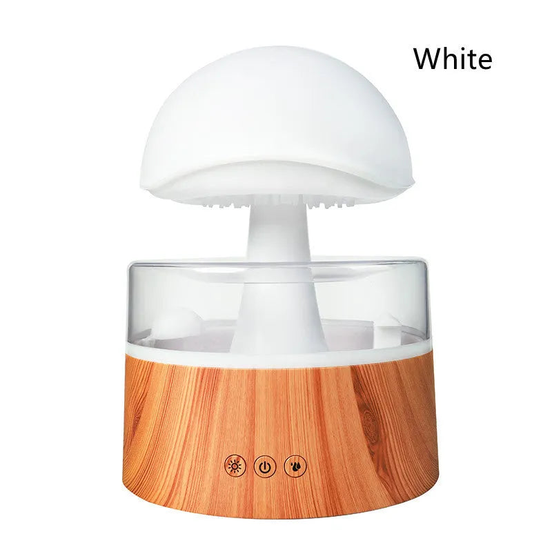 White rain cloud humidifier with falling raindrop effects and LED lighting