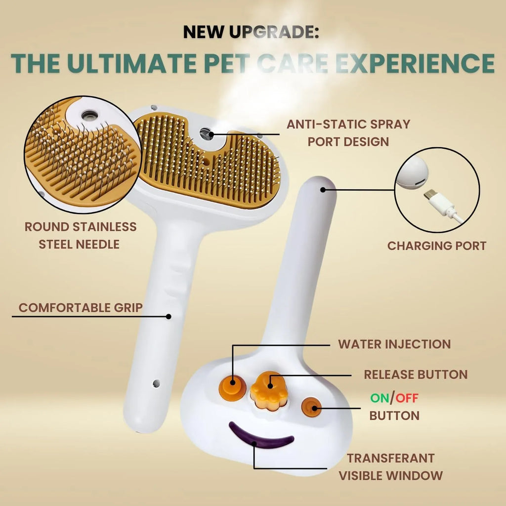 White pet grooming brush with water tank and gentle steel teeth for dogs and cats.