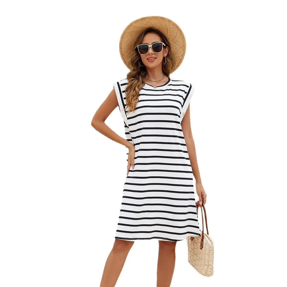 Black and white striped polyester beach cover-up blouse with free size fit