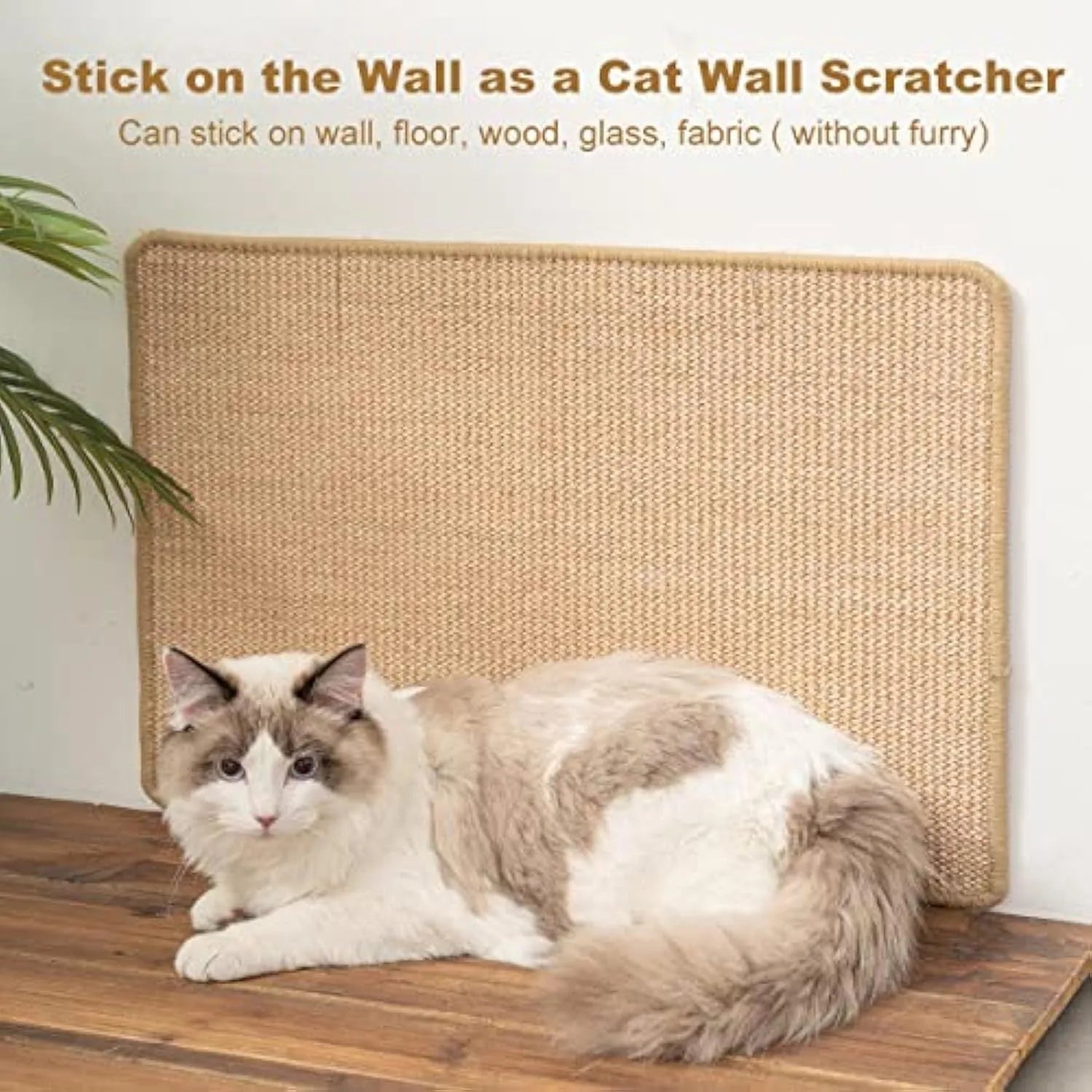Natural sisal cat scratch pad with adhesive hook loop tape placed on floor, showing textured surface and tape backing