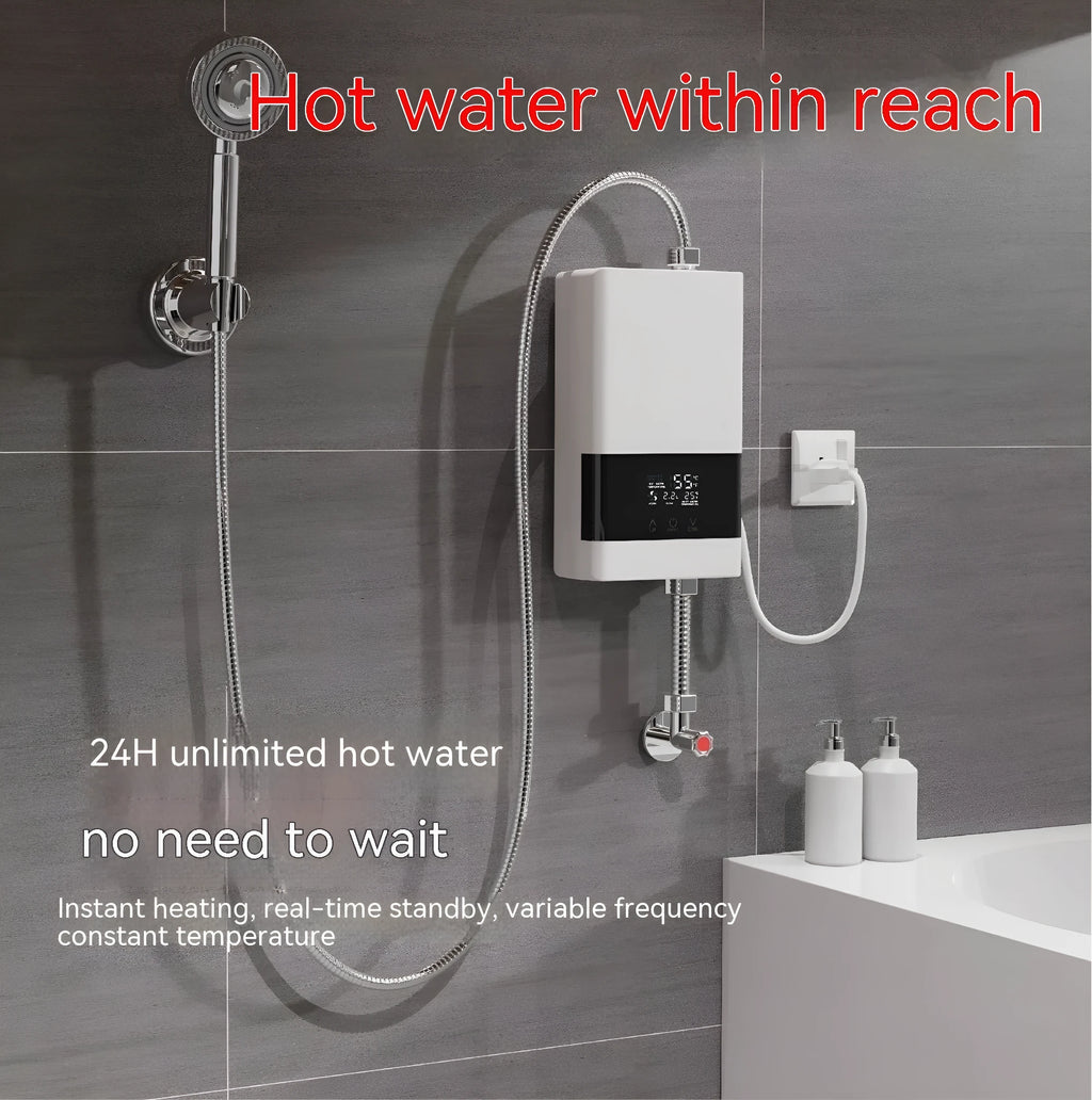 Household constant temperature water heater with LED touch screen in gold, silver, or white finish.