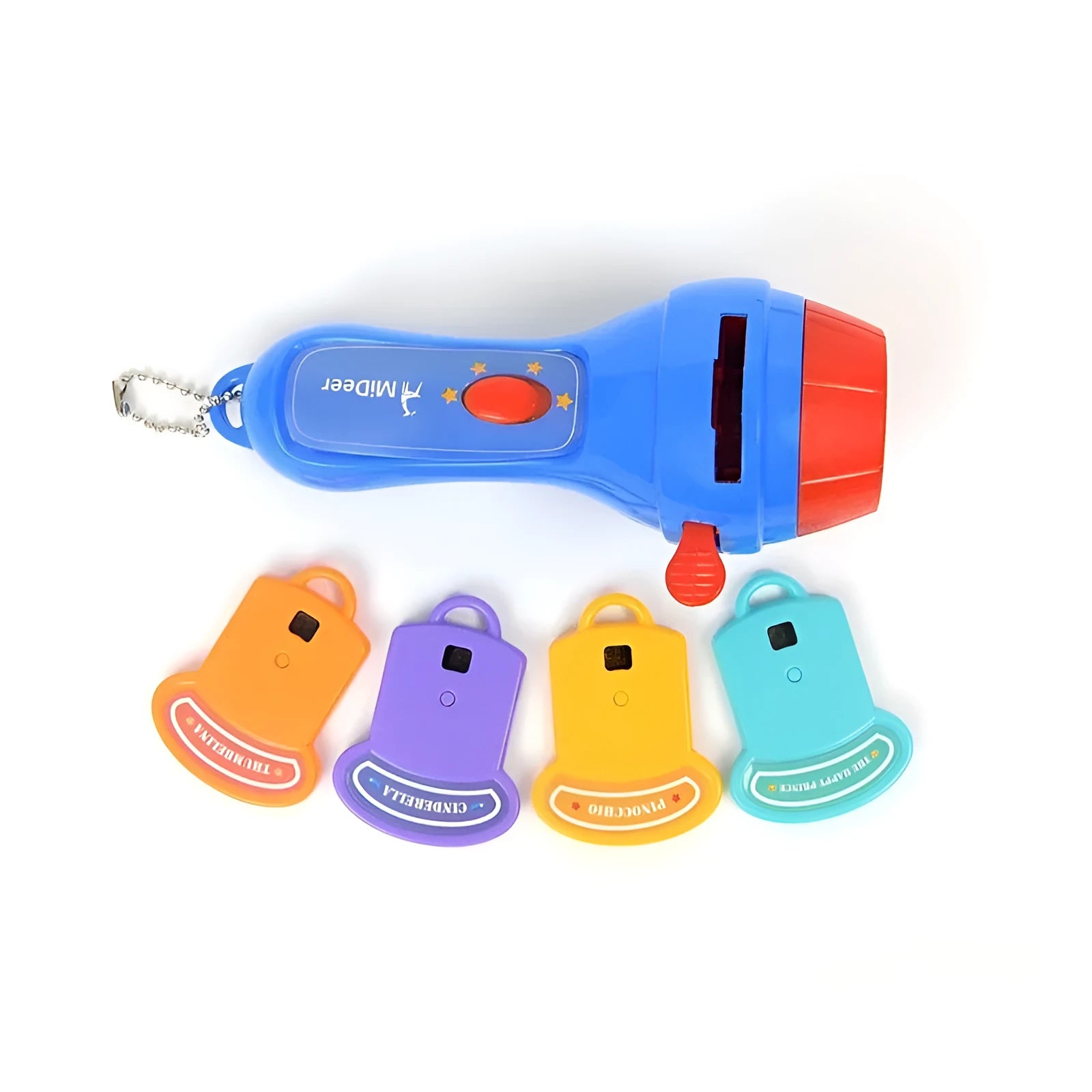 Kids handheld projector torch with clip-on discs projecting fairy tale images on ceiling