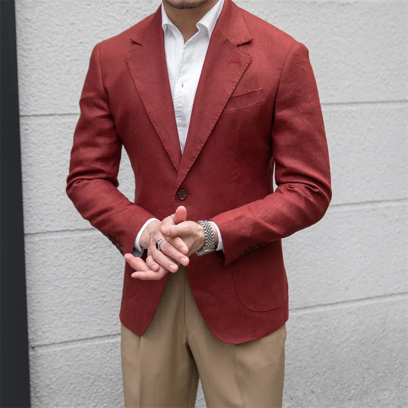 Men's pure linen slim fit suit jacket double-breasted two buttons white wine red long sleeve formal wear