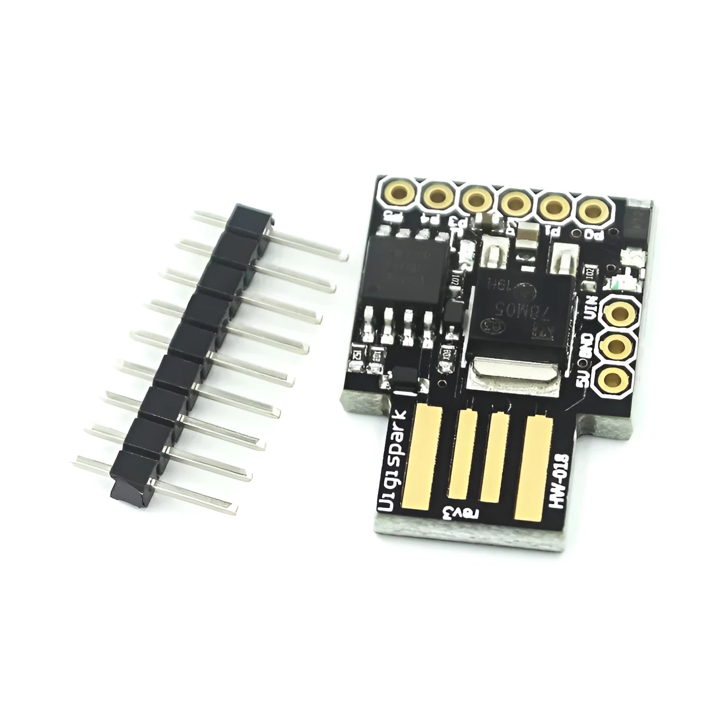 Micro USB development board black with USB port, 6 I/O pins, and onboard LEDs