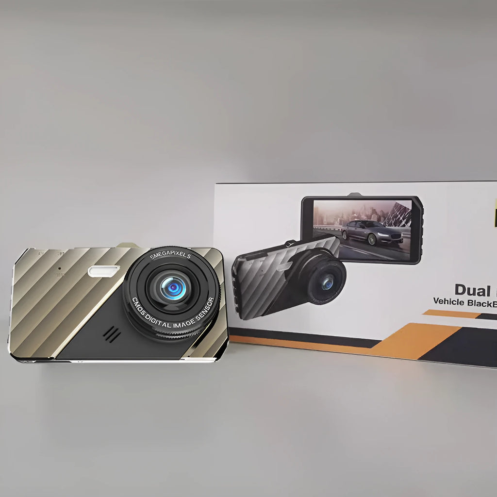 4 inch front and rear dual lens dash cam with touch screen display showing vehicle footage