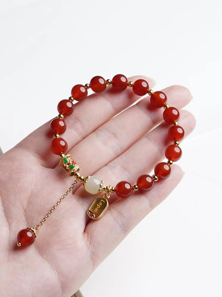 Natural crystal red agate Hetian jade beads bracelet with gold plating for women