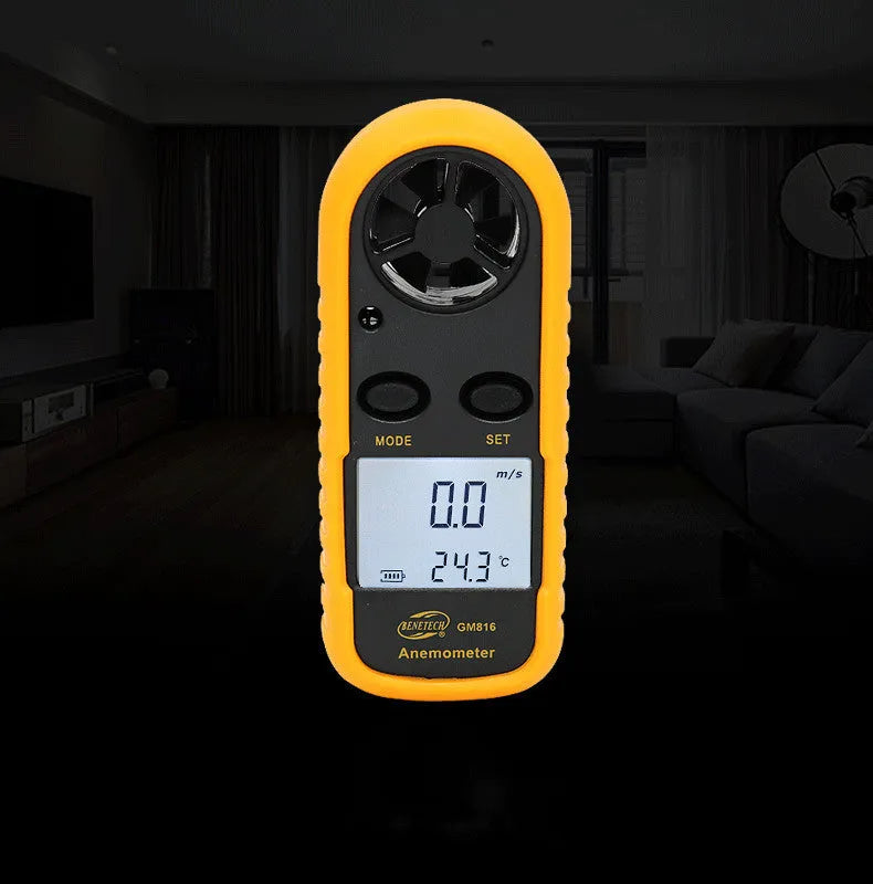 Orange digital portable wind speed measuring instrument anemometer showing display