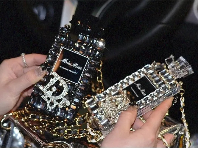 Perfume bottle bow design iPhone case with metal chain in black, gold, pink, or transparent colour
