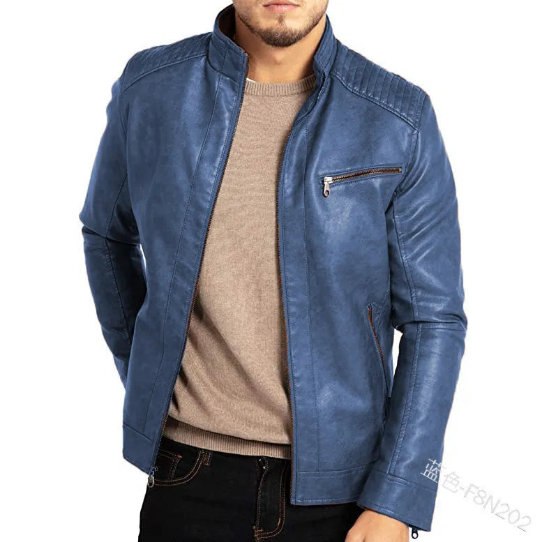 Men's punk style artificial leather motorcycle jacket with stand collar in Army Green colour