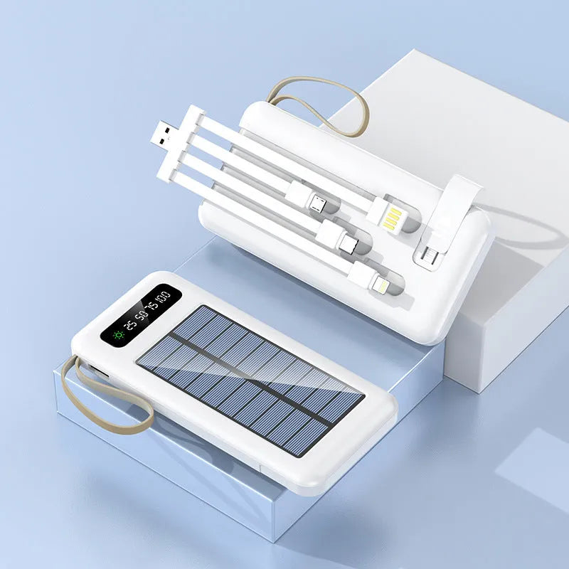 Solar power bank in black or white, showing its compact size and data cable.