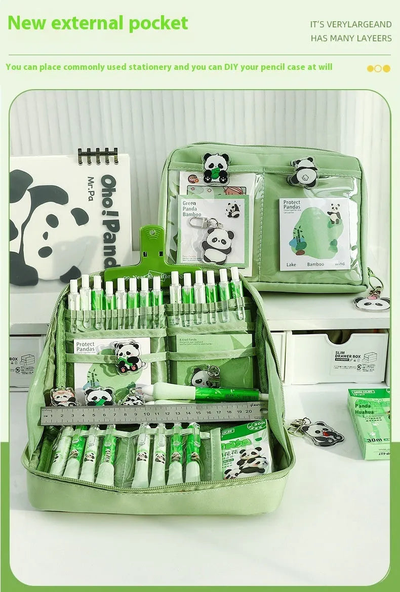 Green canvas pencil case with 12 layer compartments showing Korean style design