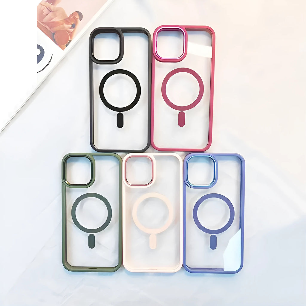A transparent magnetic silicone phone case for iPhone on a table, shown in a solid colour option.