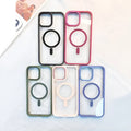 A transparent magnetic silicone phone case for iPhone on a table, shown in a solid colour option.