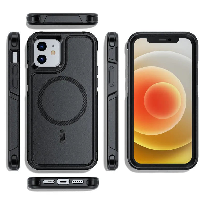 Black shatterproof magnetic phone case for iPhone 12 and 13 Pro models showing dimensions and material details