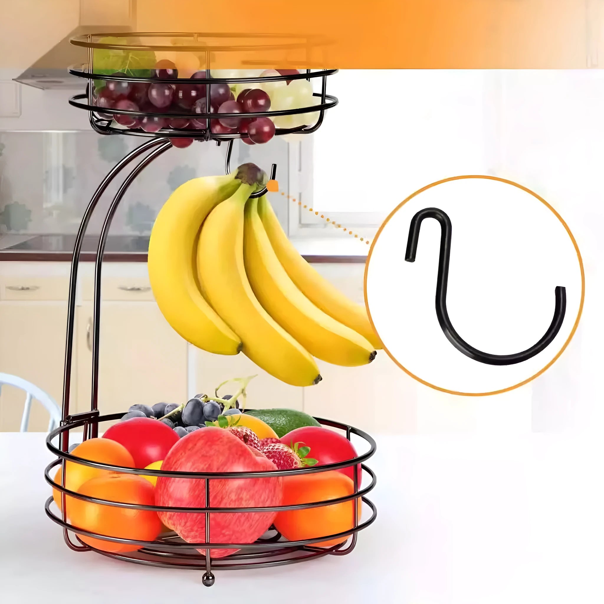 Double-layer wrought iron fruit basket with open wire sides in black or gold finish