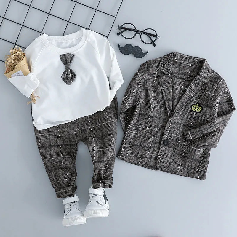 Boys' grey three-piece suit set with jacket, trousers, and waistcoat for formal occasions