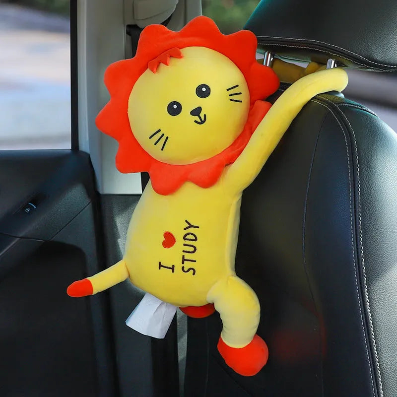 Plush car seat tissue holder with strap attached to vehicle seat back in animal design