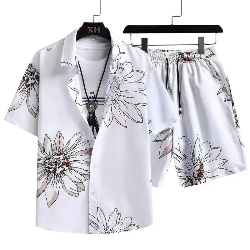 Man wearing a digital print short sleeve cardigan and matching shorts from a casual suit set.