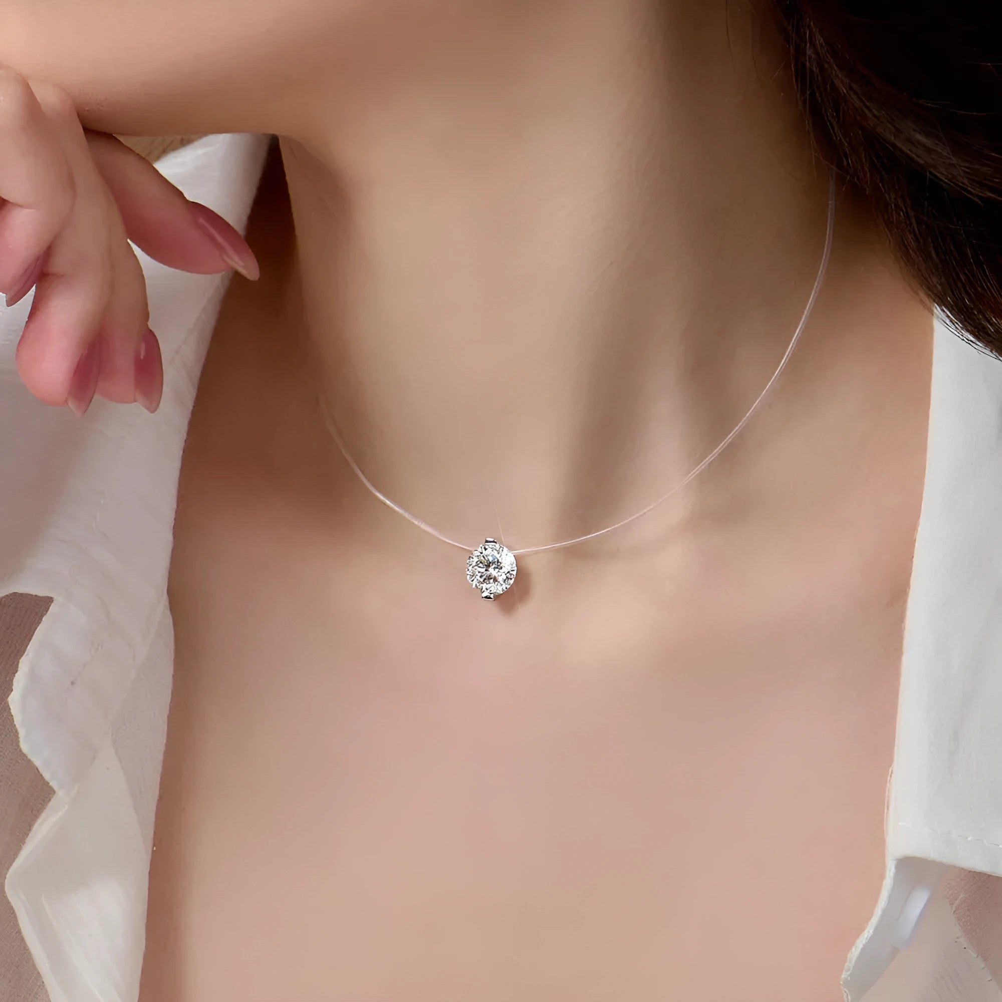 S925 silver women's necklace with floating moissanite stone on invisible fishing line, plum blossom design