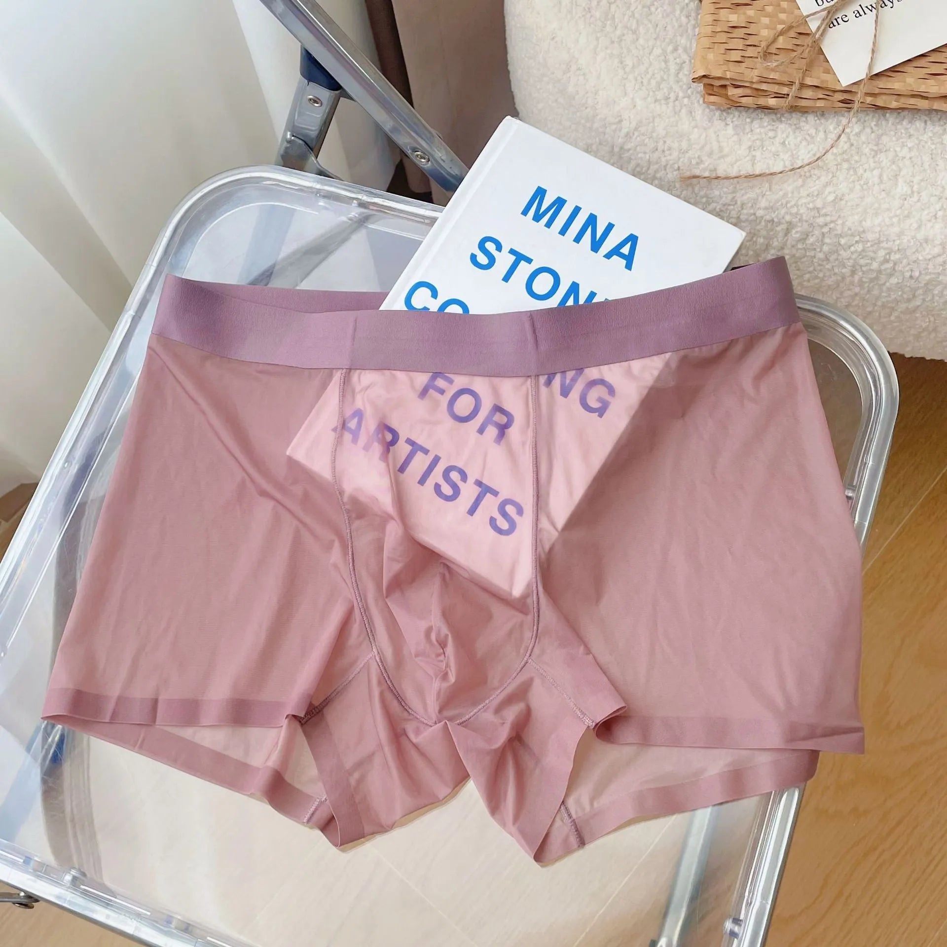 Men's thin nylon boxer shorts in rock ash colour, showing seamless mid-waist design.