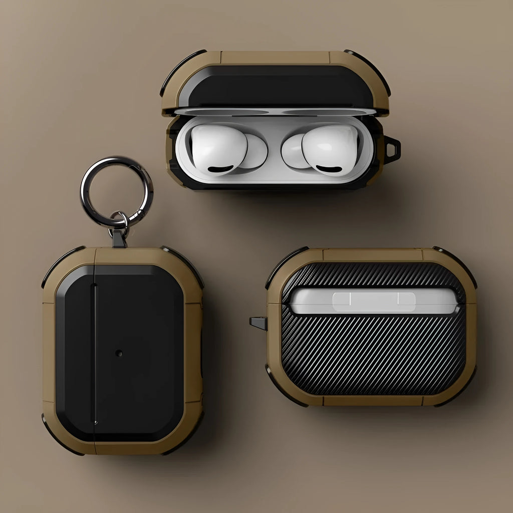 Black TPU and PC protective case for AirPods 1, 2 and Pro models on a white background.