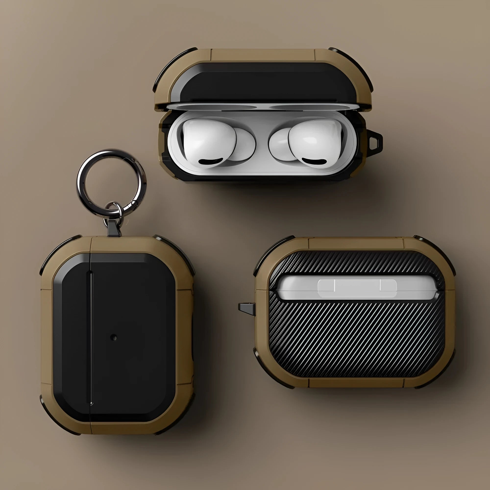 Black TPU and PC protective case for AirPods 1, 2 and Pro models on a white background.