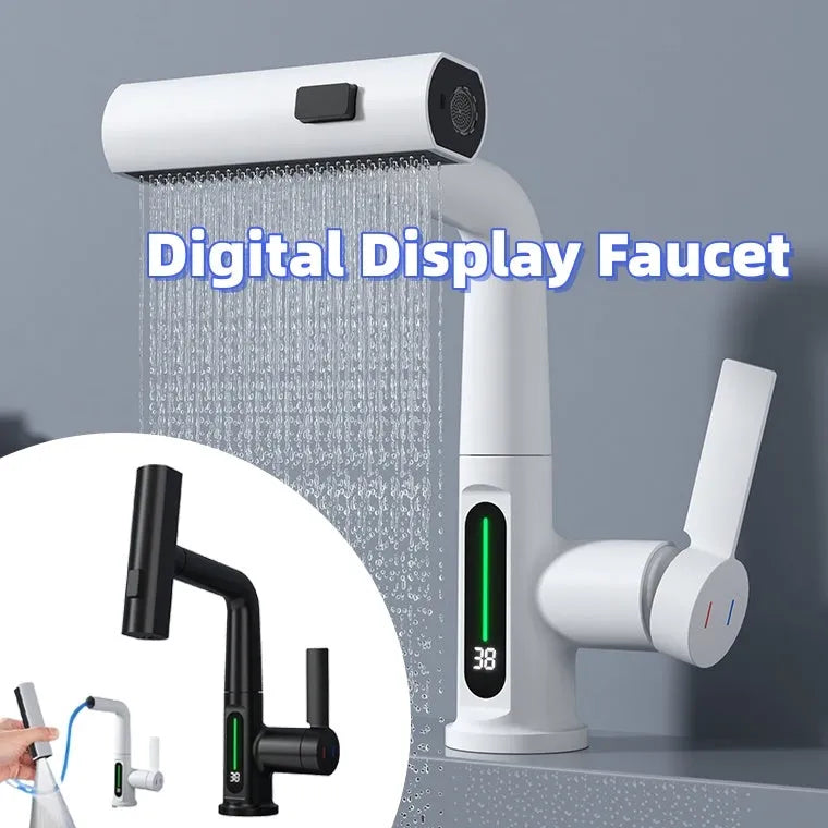 Pull-out kitchen faucet with LED temperature display showing water temperature