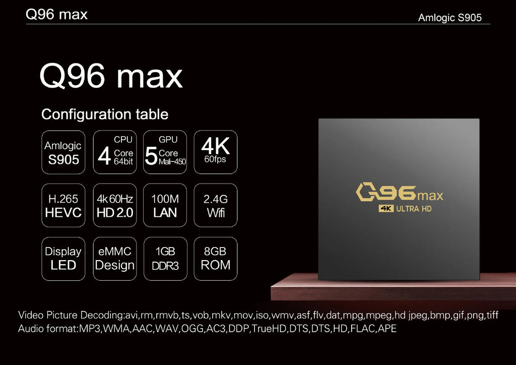 Q96 MAX S905 Android 4K TV Box set-top unit with remote control on a table.