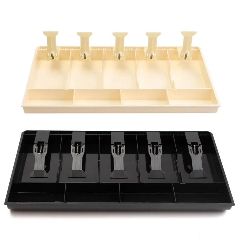 Five-drawer ABS plastic cash register box in black showing banknote and coin compartments
