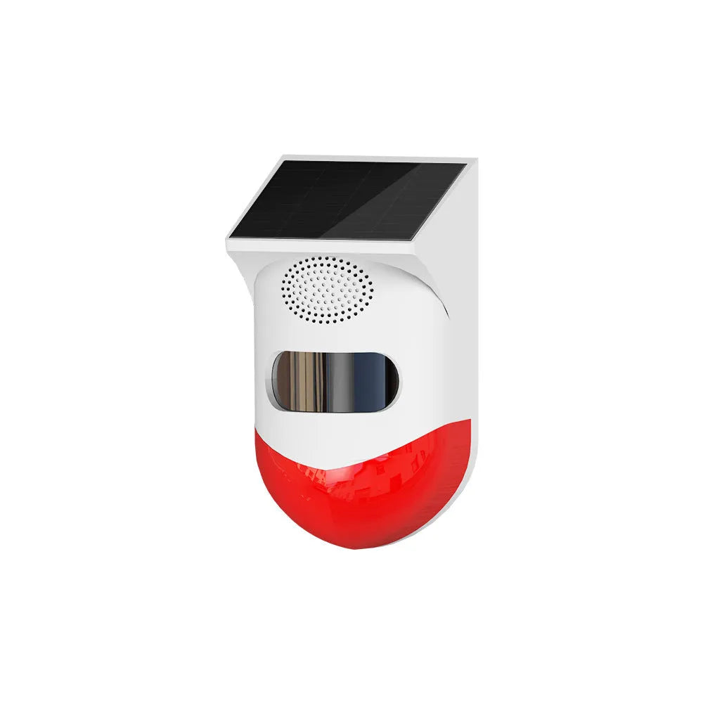 Solar-powered wireless infrared security alarm with remote control for outdoor installation