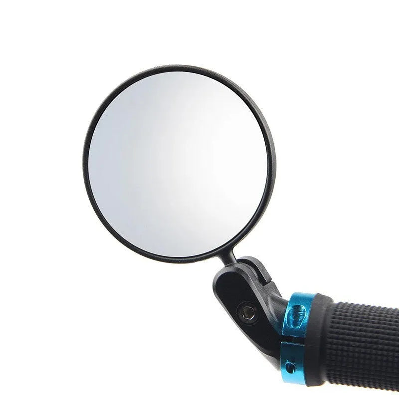 Black foldable convex rearview mirror for motorcycles showing 360-degree rotation.