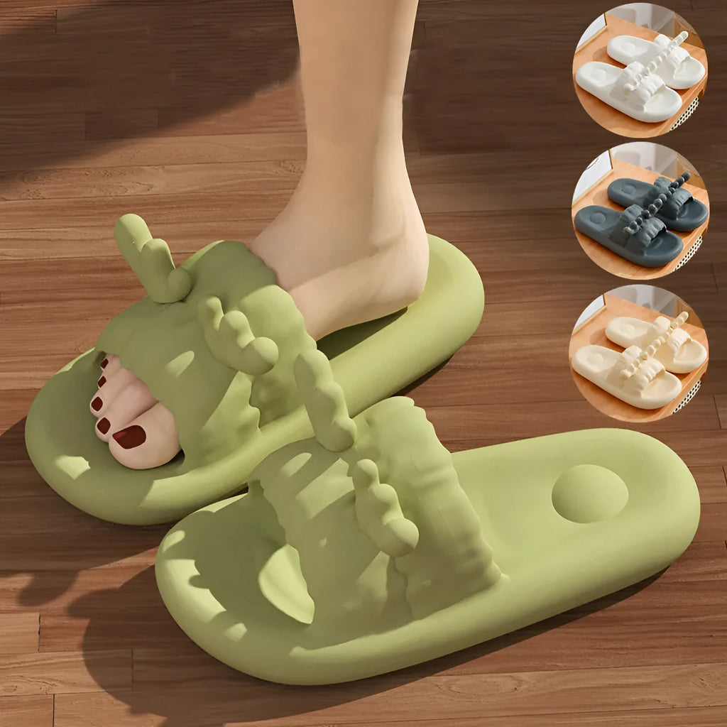 Women's EVA flip flop slippers with deer horn cut-out design in light yellow, showing non-slip sole.