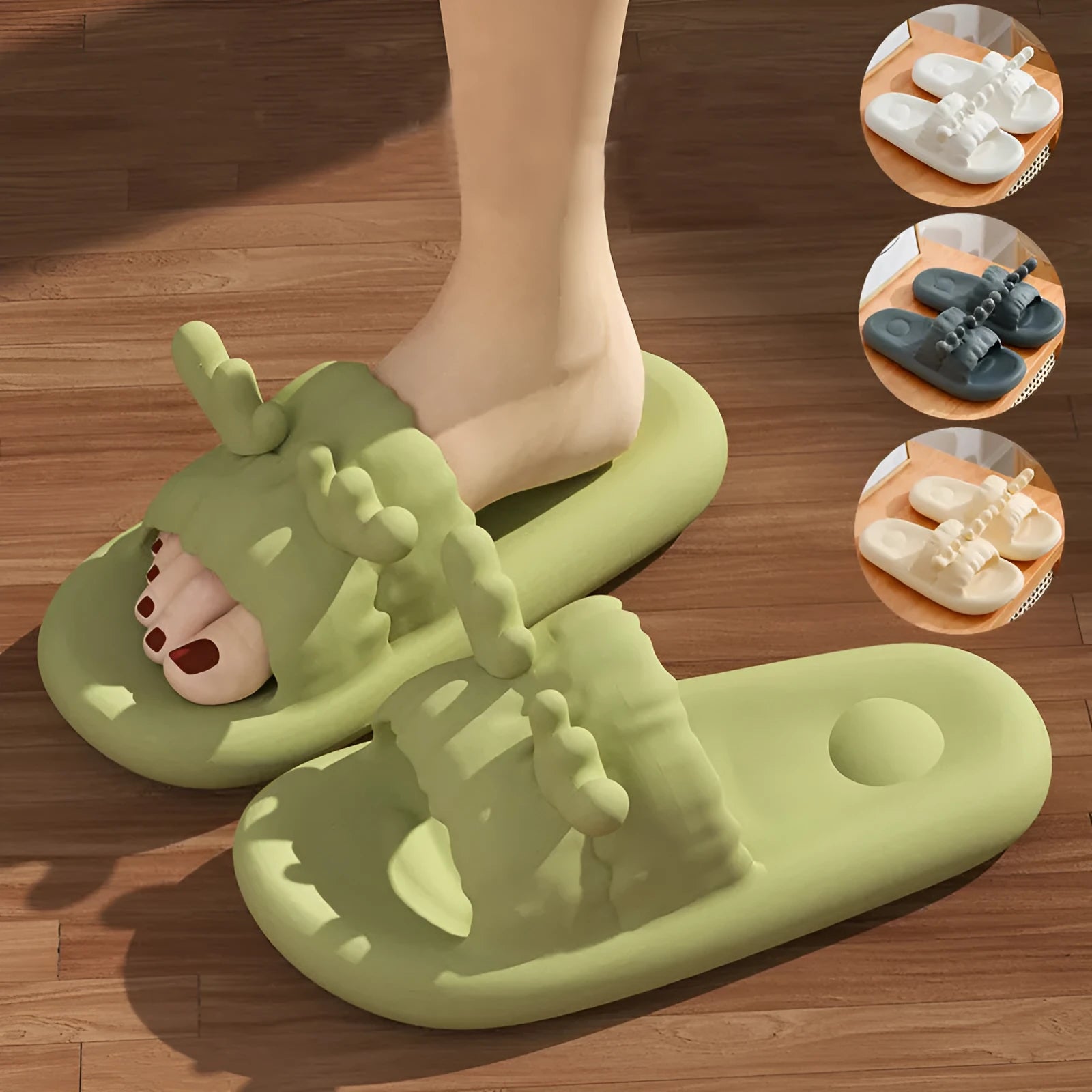 Women's EVA flip flop slippers with deer horn cut-out design in light yellow, showing non-slip sole.