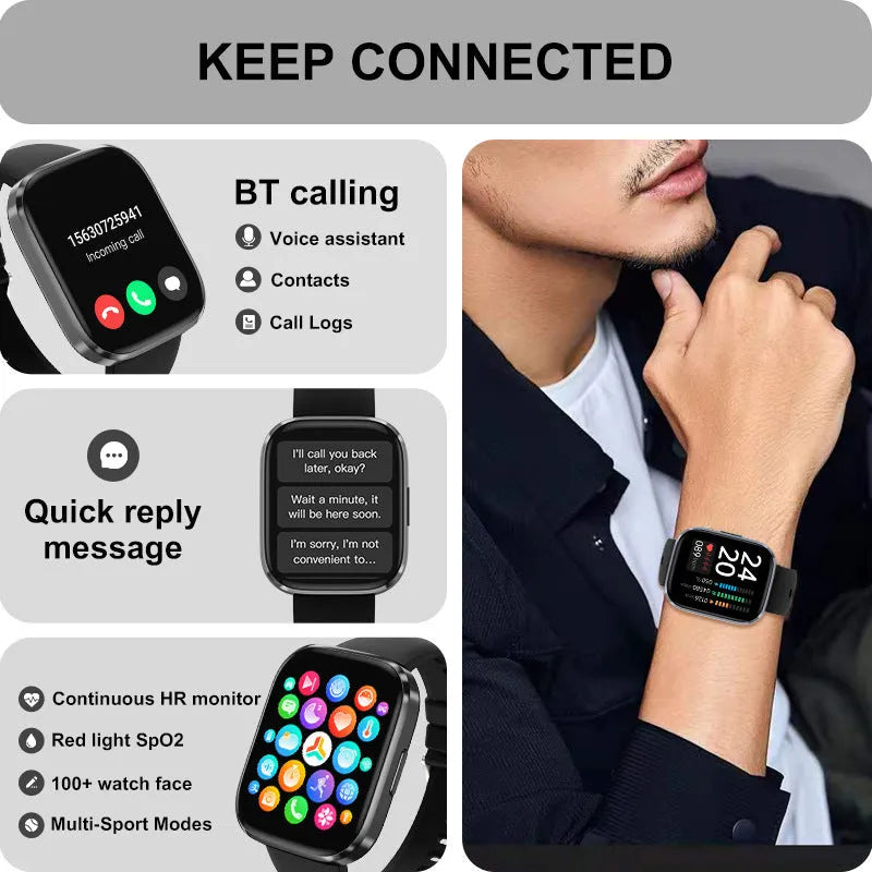 Bluetooth calling smart watch with heart rate and blood oxygen detection, black, on wrist
