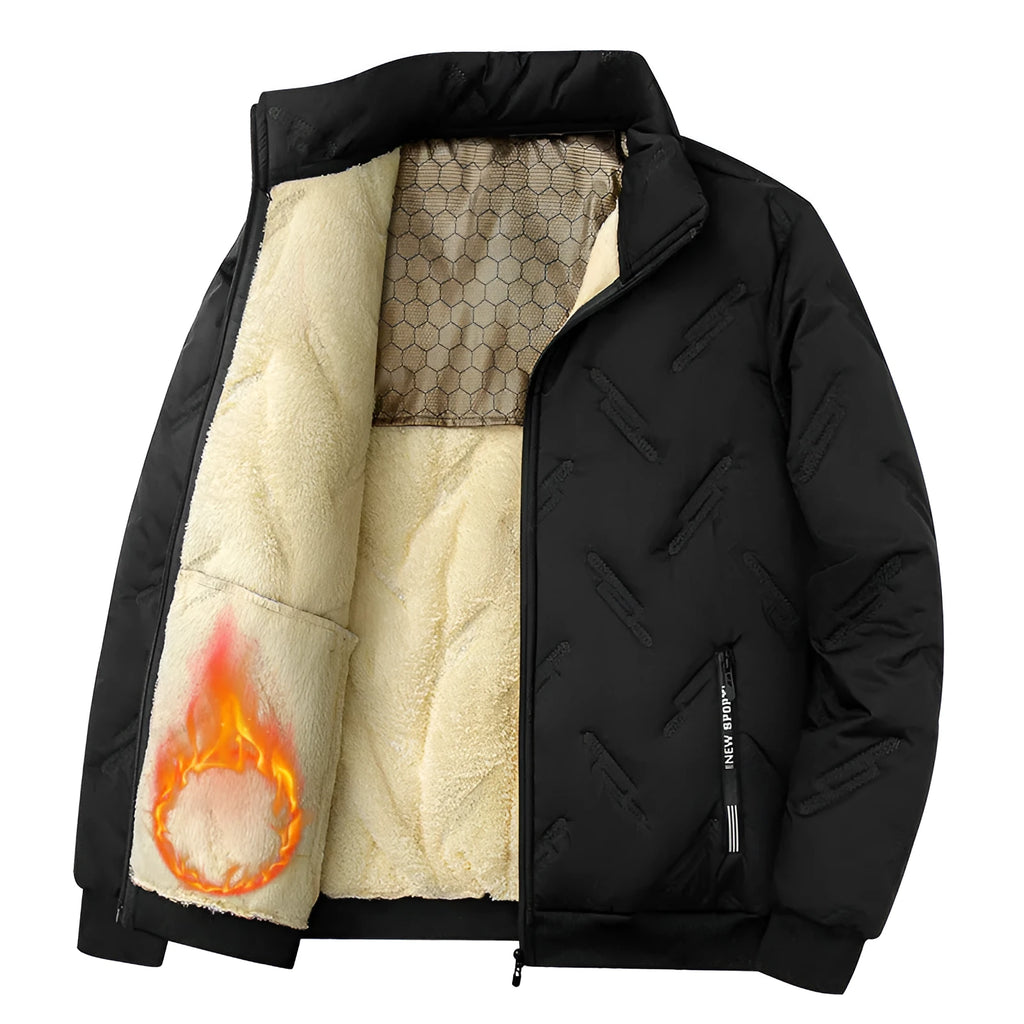 Men's graphene-design winter coat in black, thickened fleece, long sleeves, casual style