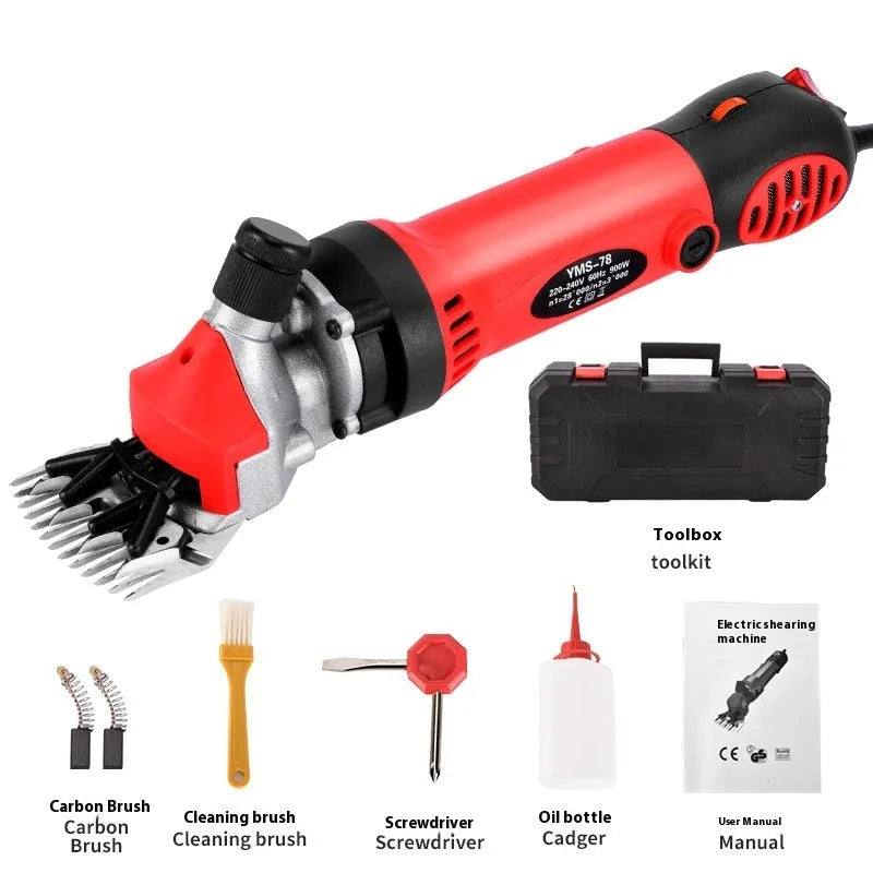 Yellow 110V electric wool shearing machine with multiple blade sets and maintenance tools