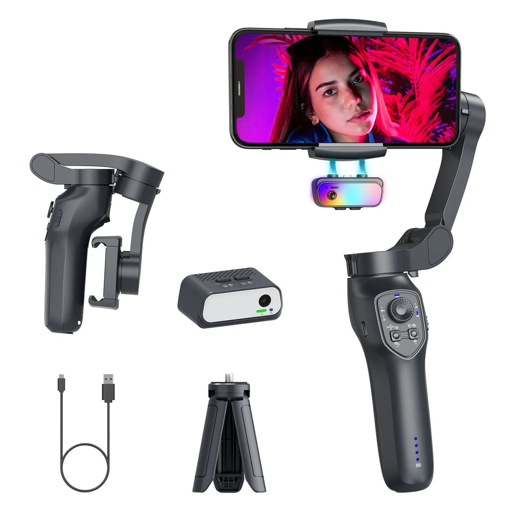 Foldable handheld phone stabiliser gimbal in gun colour finish with optional RGB lights.
