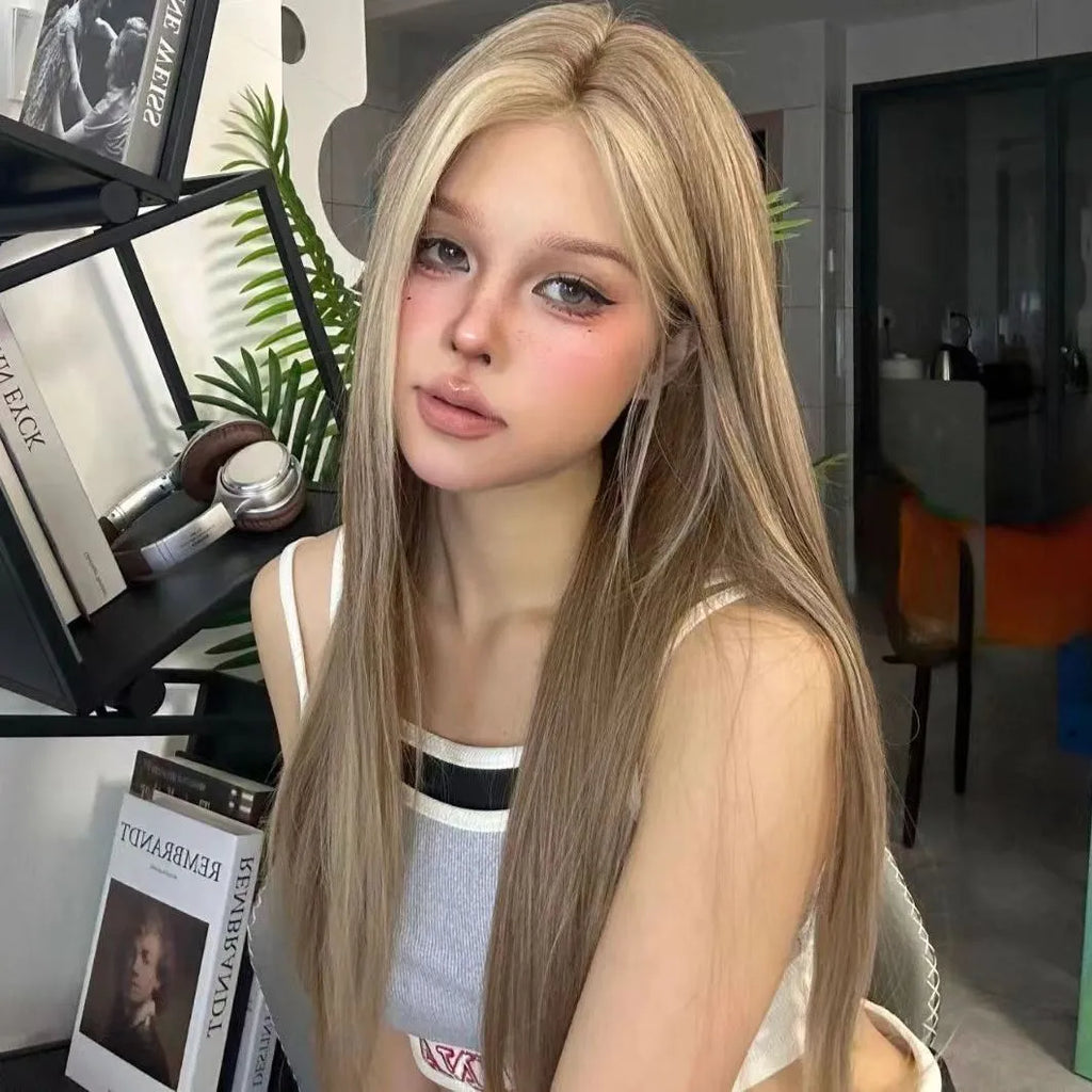 Golden brown gradient forehead lace wig with centre parting and full head coverage