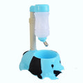 Plastic adjustable rod-lift pet water bowl in pink, blue, and yellow colours.
