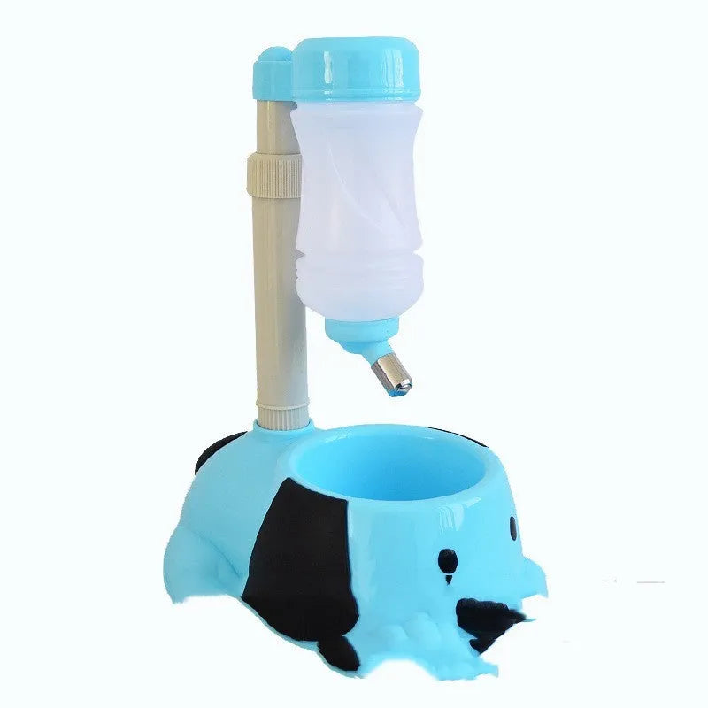 Plastic adjustable rod-lift pet water bowl in pink, blue, and yellow colours.