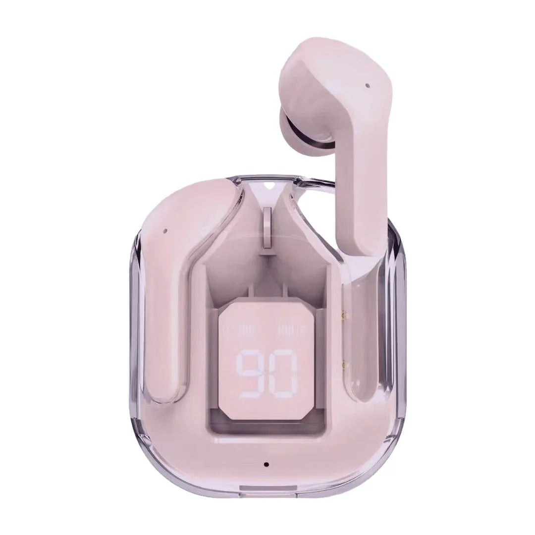 True wireless Bluetooth earbuds in a transparent charging case with a digital display, shown in light blue.