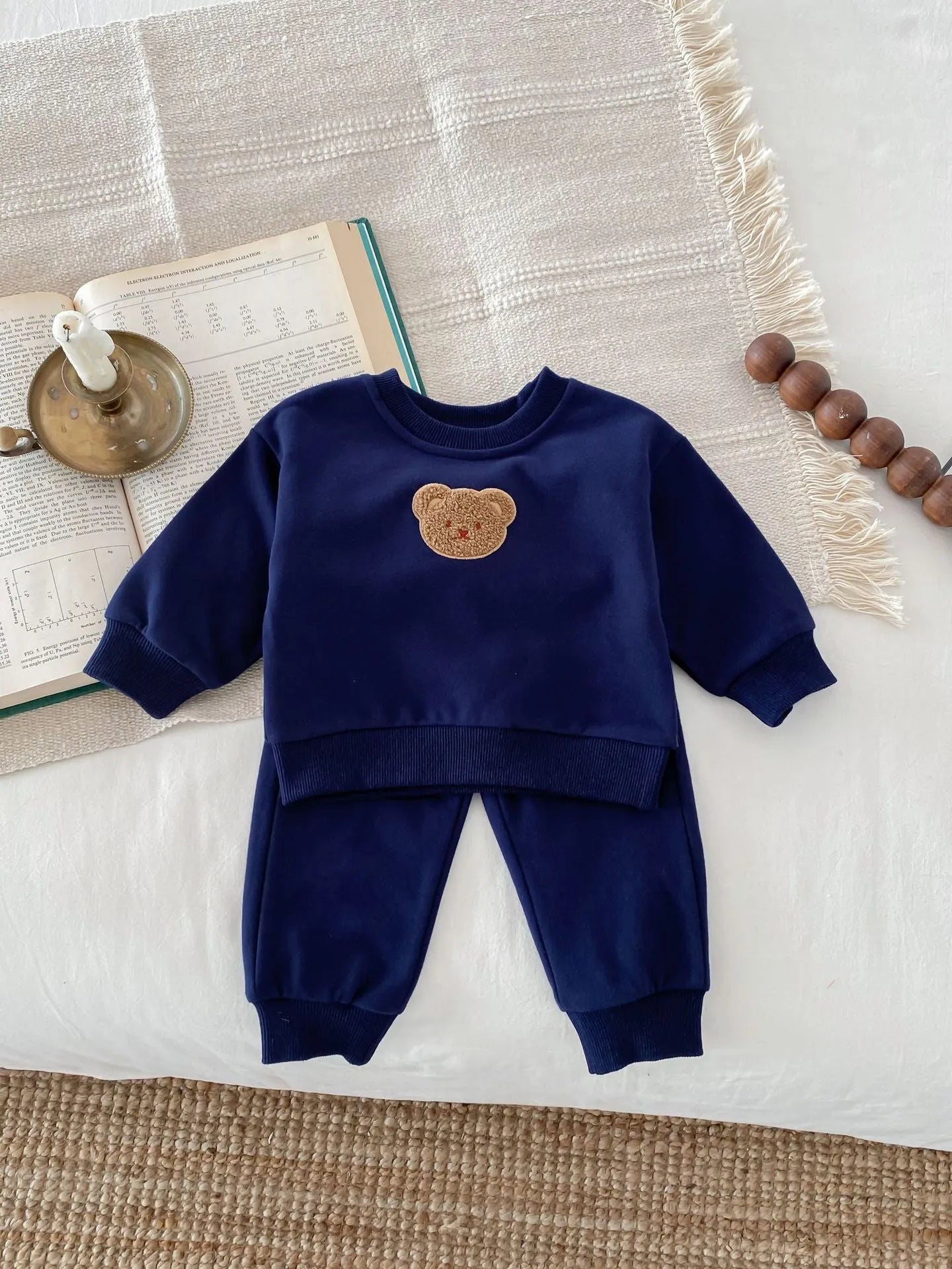 Long sleeve bear pullover sweater suit set in light beige for children 73-110cm cotton cartoon pattern