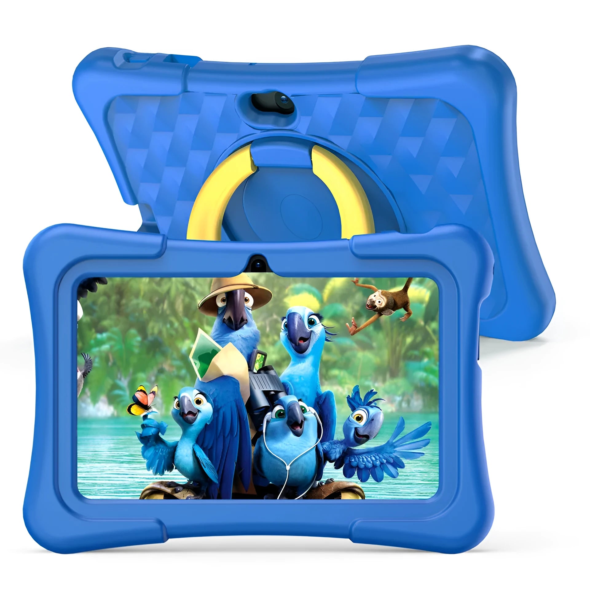 Blue children's education tablet with silicone cover and rotating handle on a 7-inch screen.