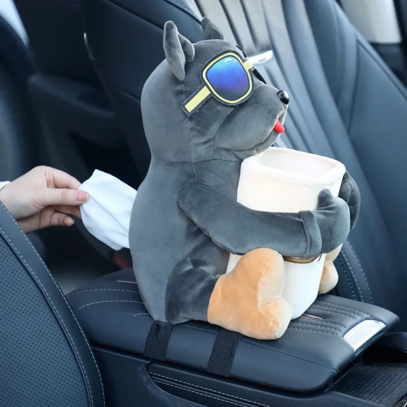 Plush car tissue box organiser hanging from vehicle flip armrest
