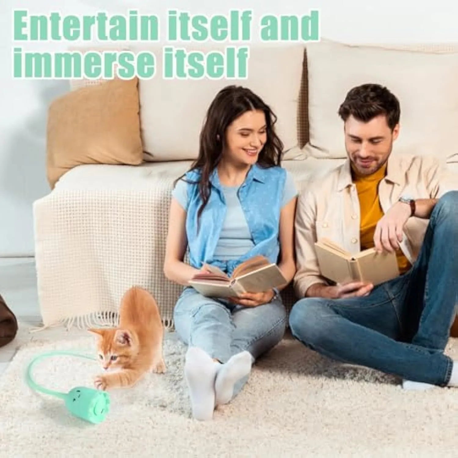 Green automatic electronic cat wand toy with swinging silicone tails on a 38cm wand.