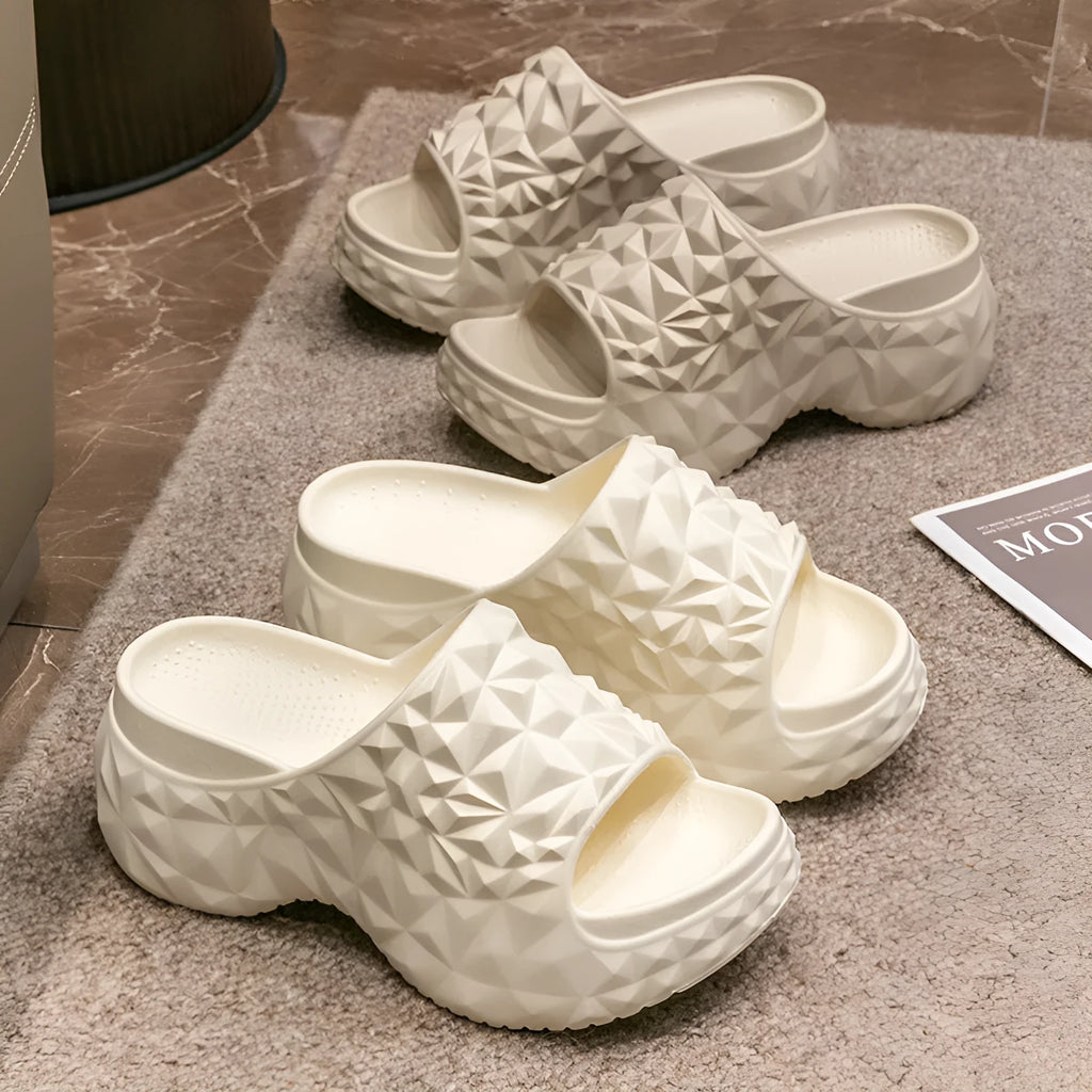 High heel Eva slippers with thick sole in khaki, black or white colours, showing flip-flop style design