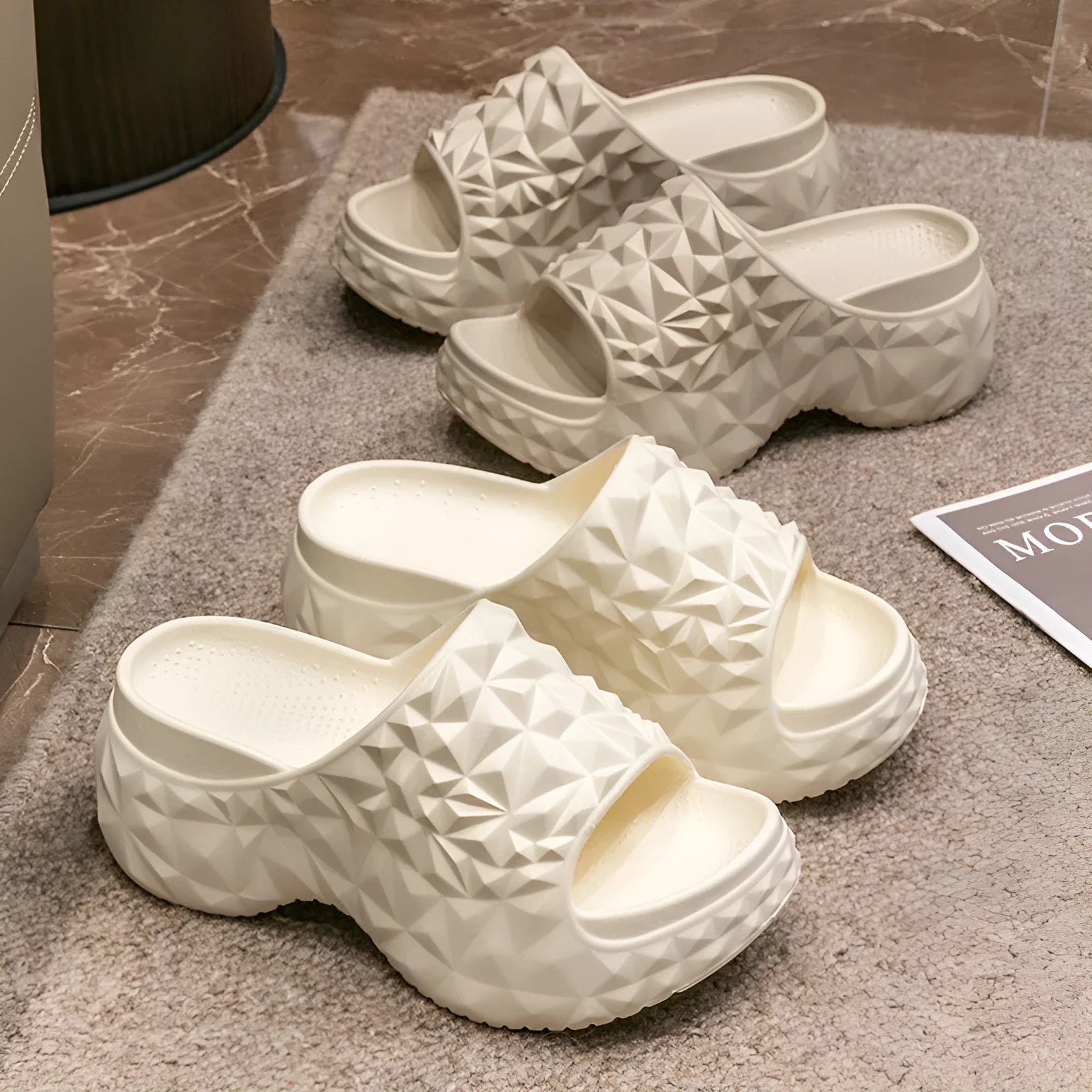 High heel Eva slippers with thick sole in khaki, black or white colours, showing flip-flop style design