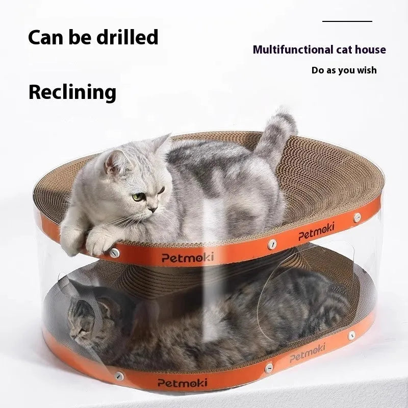 White transparent cat scratch board and tunnel nest with diamond pattern, dimensions 58cm by 45cm.
